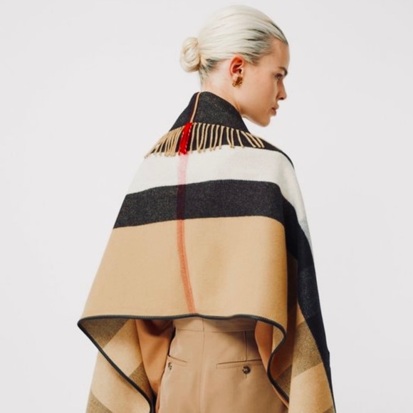 Burberry Wool & Cashmere Blend Icon Stripe Pocket Cape With Leather Trim… - Picture 1 of 15
